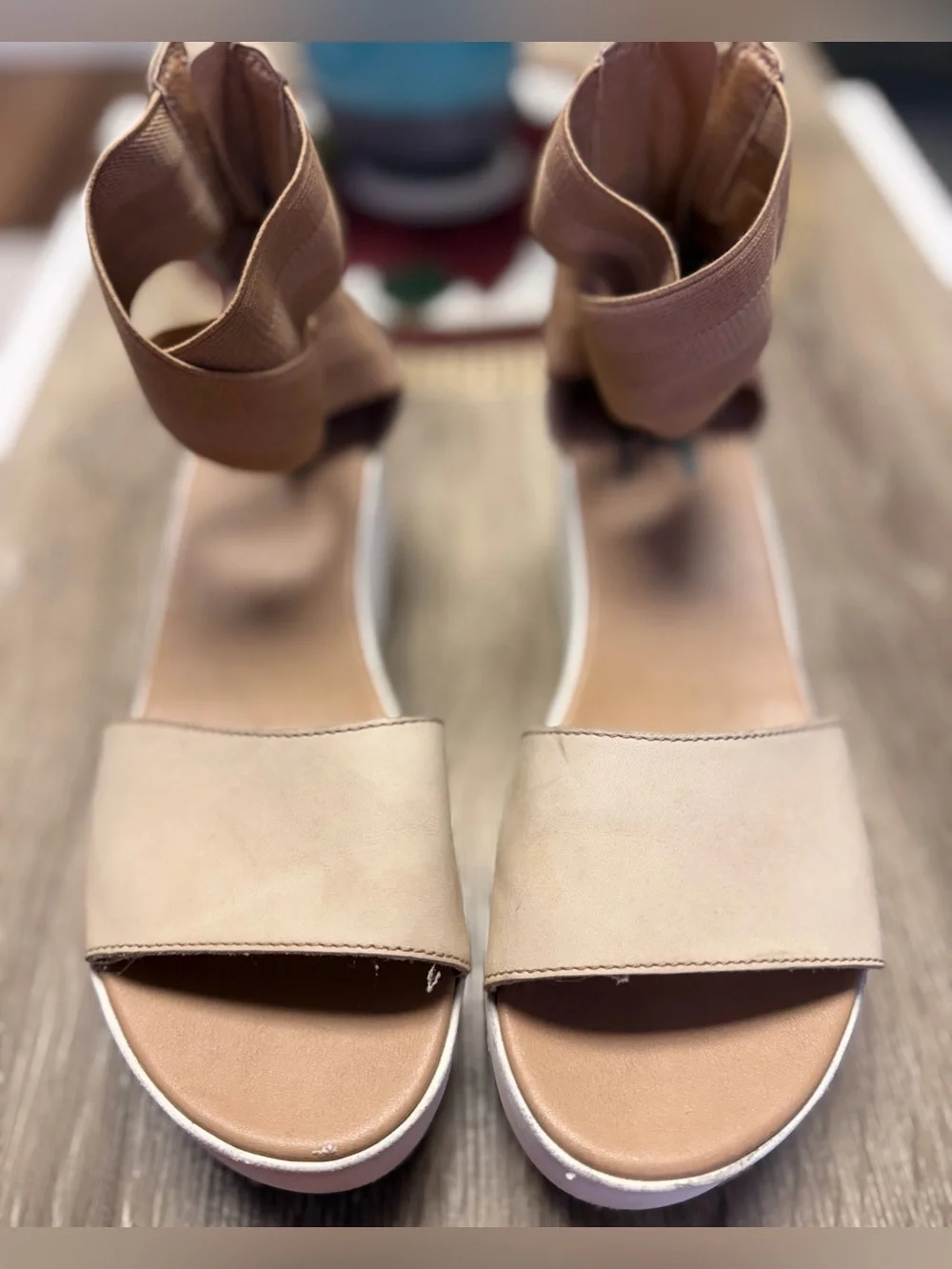SOREL Cameron Tan Leather Flatform Wedge Ankle Strap Sandals Size 9.5